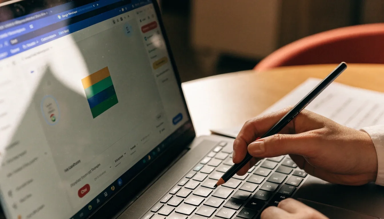 Zwei Personen am Besprechungstisch mit Unterlagen und einem Laptop