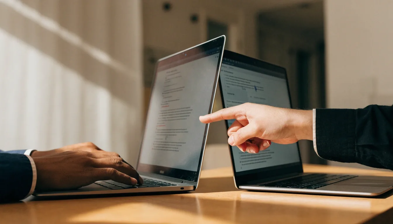 Nahaufnahme von Händen über Tastaturen an einem geteilten Arbeitsplatz mit zwei Laptops