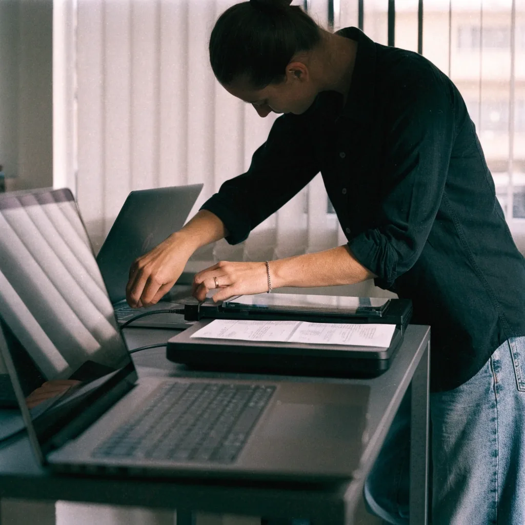 Hände einer Selbständigen über Tastatur und Belegablage im Homeoffice