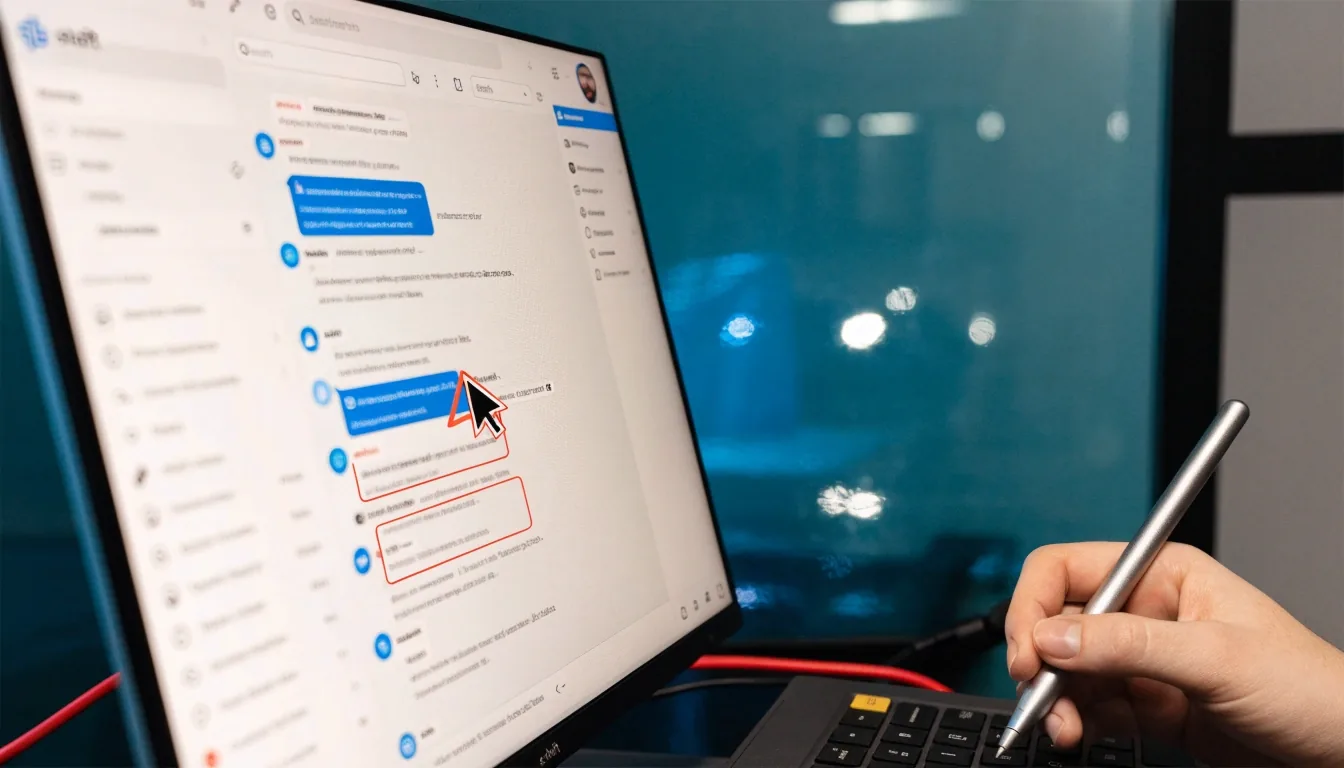 Arbeitsplatz mit Händen über Tastatur und Notizblock daneben