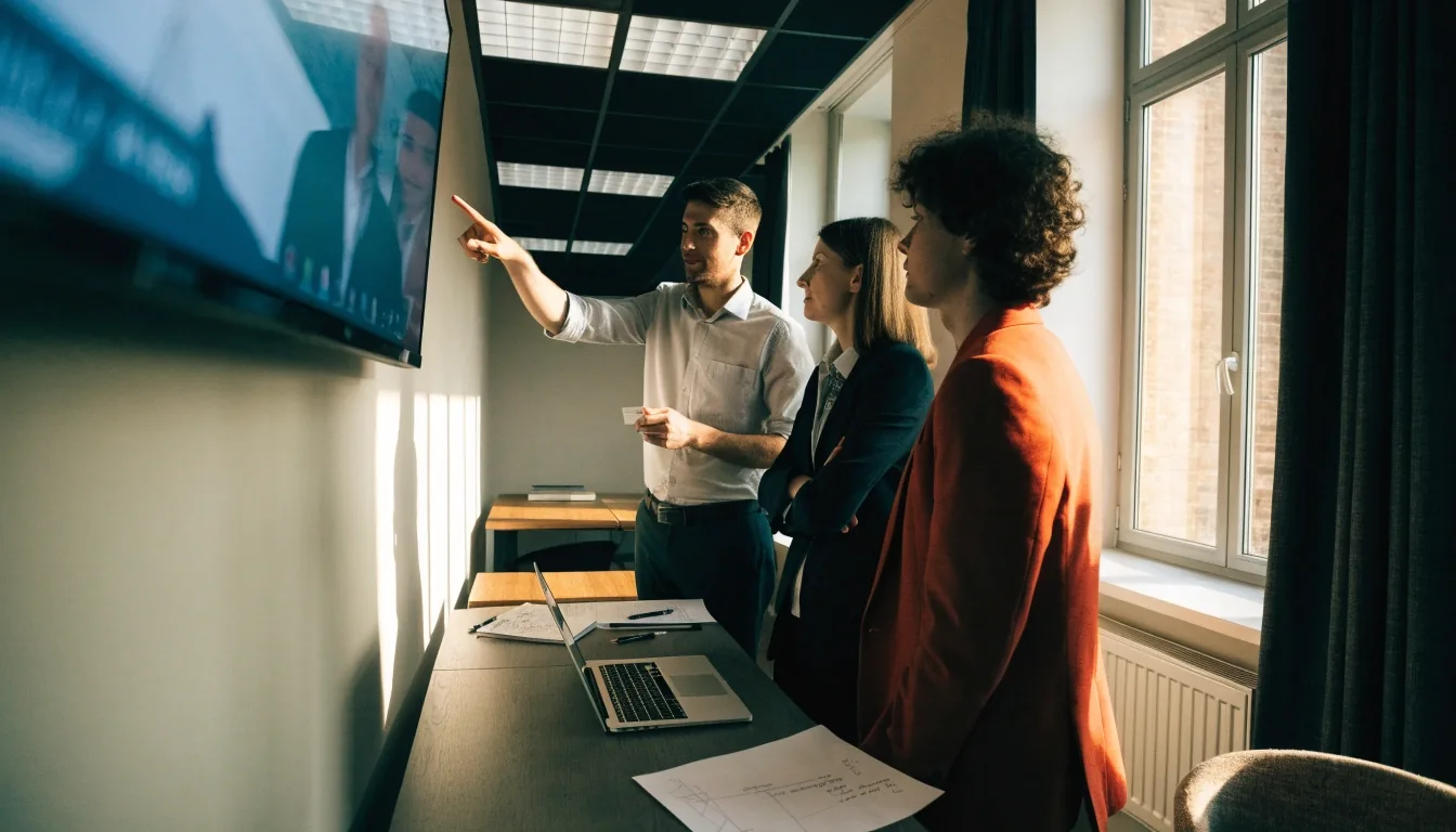 Zwei Kolleginnen und Kollegen besprechen eine Videokonferenz am Monitorwand-Screen in einem deutschen Büro