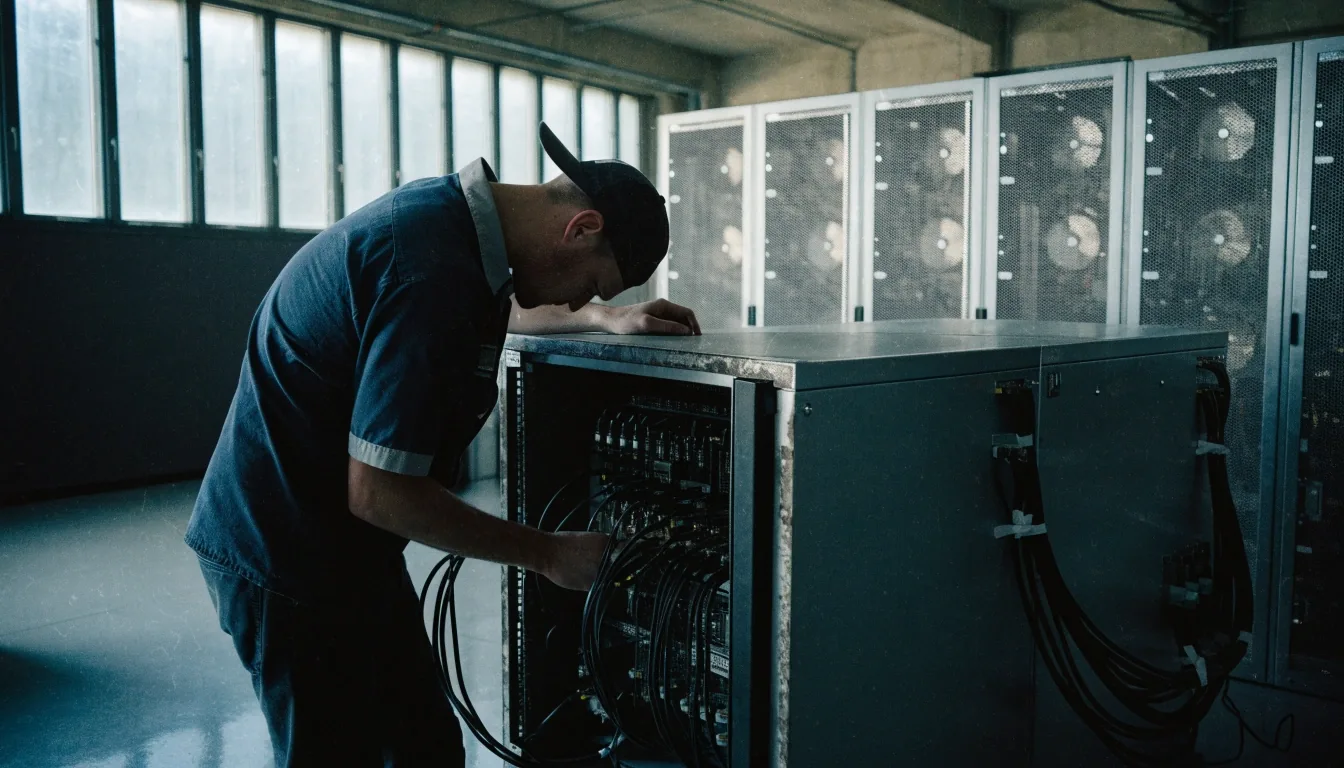 Techniker prüft Kabelverbindungen in einem Serverschrank mit mehreren Racks