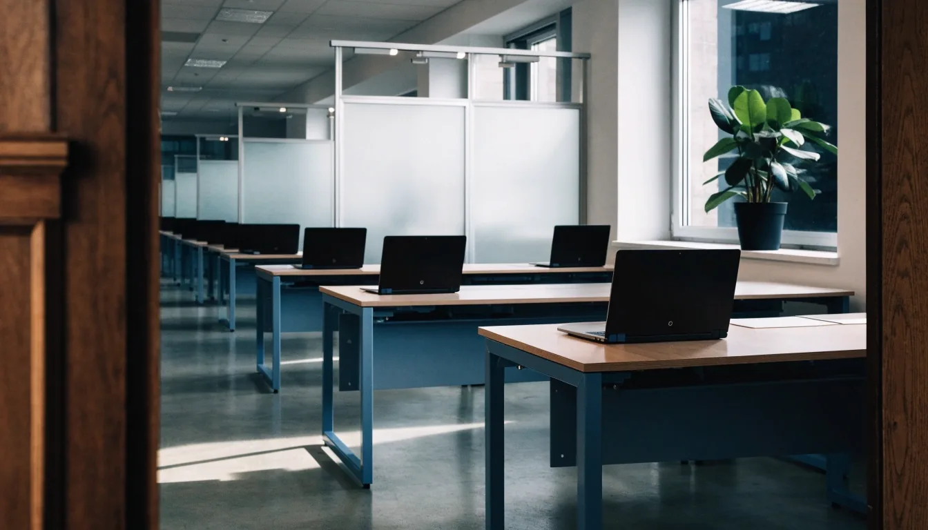 Bürohausflur in Frankfurt mit Glaswänden und Mattglas, ruhige leere Atmosphäre
